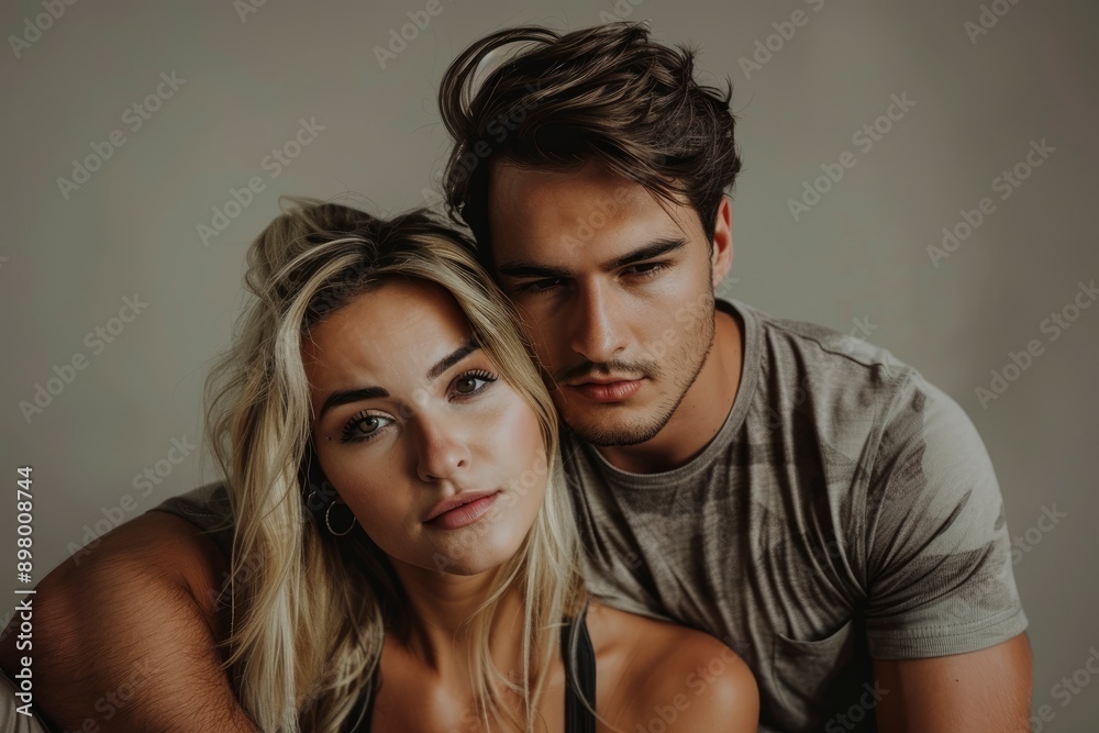 passionate and pretty woman with blonde hair seducing handsome man on grey background, couple - generative ai passionate and pretty woman with blonde hair seducing handsome man on grey background, couple - generative ai