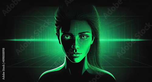 green hologram human face projection grid technology abstract background with copy space