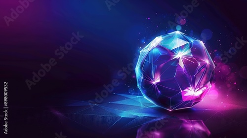 Futuristic Soccer Ball with Glowing Blue and Purple Triangular Lines on Dark Background, Digital Technology Concept for Design Elements