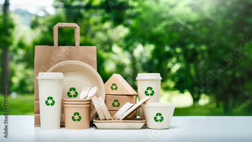 Eco friendly paper tableware and packaging made from biodegradable materials. zero waste and recycling concept. Green package or disposable for sustainable environmental and environmental protection