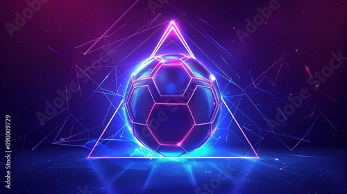 Futuristic Soccer Ball with Glowing Blue and Purple Triangular Lines on Dark Background, Digital Technology Concept for Design Elements