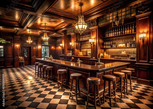 A vintage dimly lit bar with rich wood accents, checkered floor, and ornate fixtures evokes a nostalgic, intimate ambiance reminiscent of a classic 1920s Chicago speakeasy.