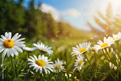 art summer or spring morning nature background with fresh wild daisies and flying butterfly Generative AI