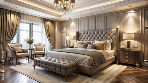 Opulent bedroom features plush comfortable bed adorned with premium expensive cotton bed sheets in serene neutral tones  exuding luxury and sophistication in residential hotel interior.
