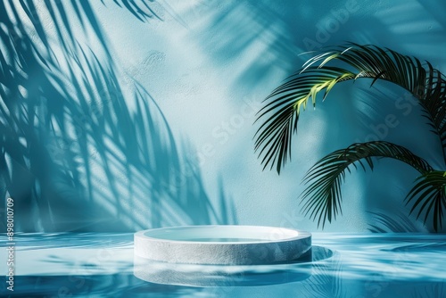 Summer Background,Pure Water Surface Texture on Blue Wall Studio with Light, Shadow Palm Leaves,Backdrop Podium Display and water floating sun reflection,Concept Spring cosmetic - generative ai © Nia™