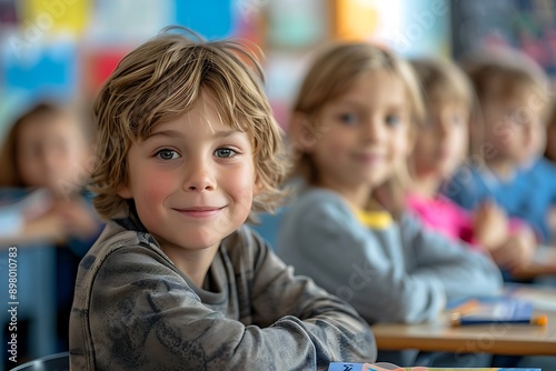 Smiling Young Boy Sitting at Desk in Elementary School Classroom