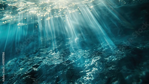 Clear Blue Water with Ripples and Bubbles, Sunlight Filtering Through, Playful and Clear Light on Ocean Surface © Yi