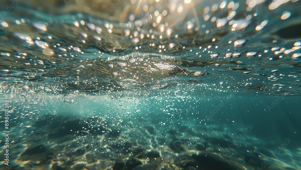 Clear Blue Water with Ripples and Bubbles, Sunlight Filtering Through, Playful and Clear Light on Ocean Surface Clear Blue Water with Ripples and Bubbles, Sunlight Filtering Through, Playful and Clear Light on Ocean Surface
