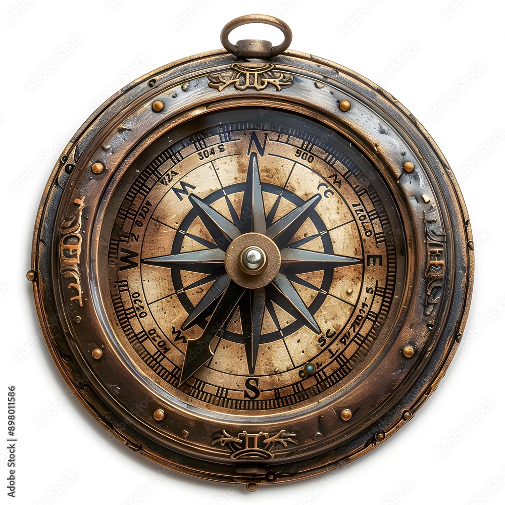 A vintage compass featuring a detailed needle and rustic finish ...