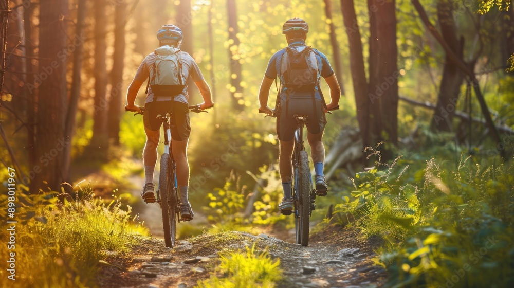 Two bikers enjoying the forest trail Two bikers enjoying the forest trail