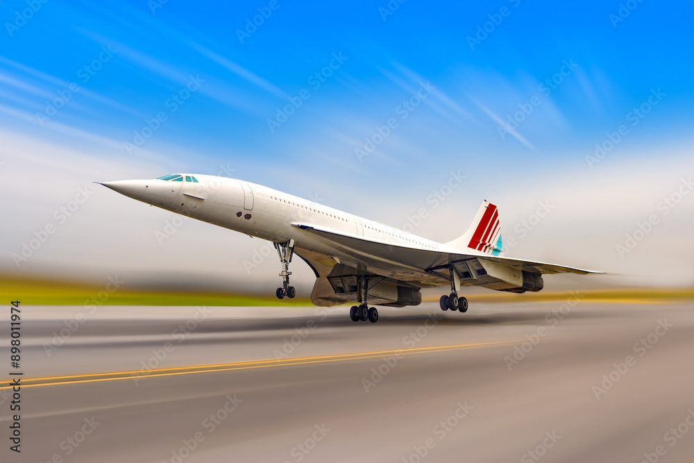 Supersonic airliner over tarmac at blurred airport Supersonic airliner over tarmac at blurred airport