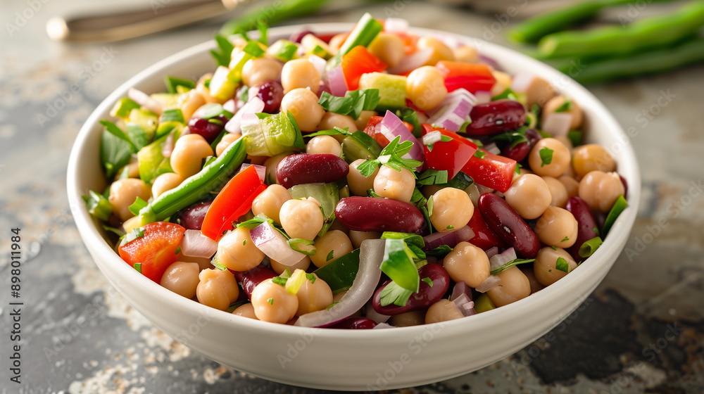 Bean Salad in White Bowl | Mixed Beans (Kidney, Garbanzo, Green Beans) with Onions, Peppers, and Vinaigrette | Fresh and Nutritious | High-Quality Adobe Stock Photo | Ideal for Menus and Recipes Bean Salad in White Bowl | Mixed Beans (Kidney, Garbanzo, Green Beans) with Onions, Peppers, and Vinaigrette | Fresh and Nutritious | High-Quality Adobe Stock Photo | Ideal for Menus and Recipes