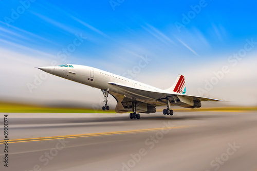 Supersonic airliner over tarmac at blurred airport