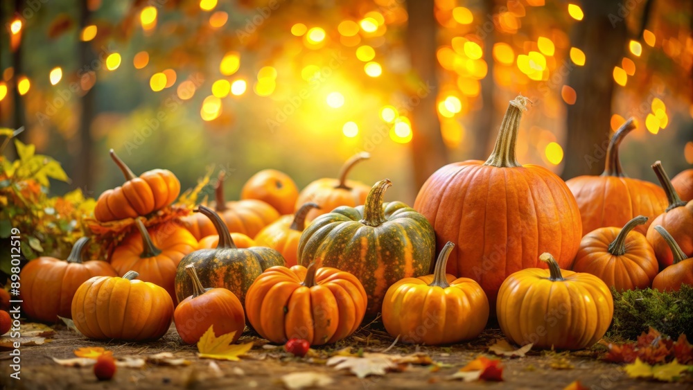Vibrant orange pumpkins of varying sizes and shapes scatter across a rustic autumnal landscape with lush greenery and warm golden lighting, evoking Halloween spirit. Vibrant orange pumpkins of varying sizes and shapes scatter across a rustic autumnal landscape with lush greenery and warm golden lighting, evoking Halloween spirit.