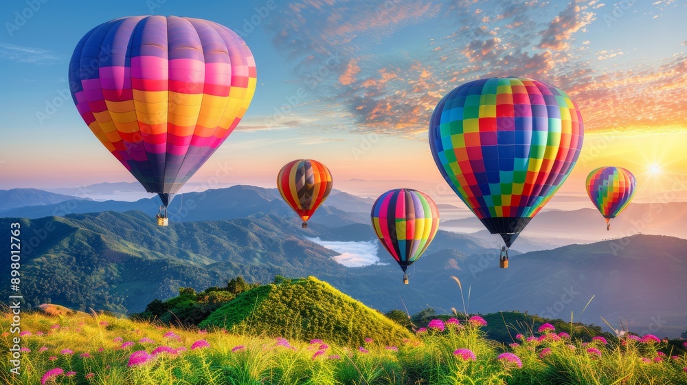 Naklejka premium Colorful hot air balloons soar over sunset lit mountains and meadows in a picturesque evening scene