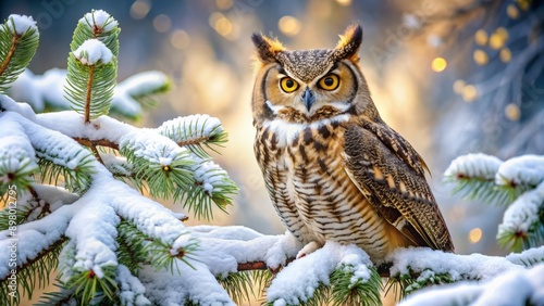 Majestic great horned owl perches on snow-covered evergreen branch, feathers fluffed against cold, wise eyes gazing out into winter wonderland morning scenery.