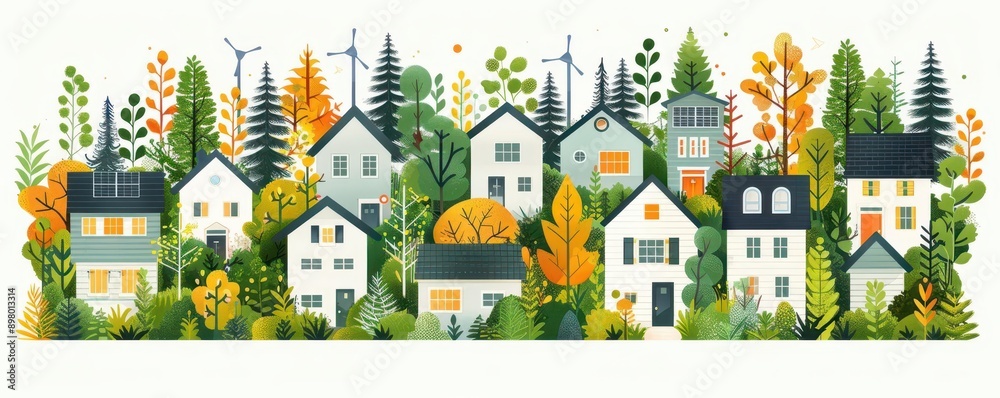 A colorful illustration of houses surrounded by vibrant autumn trees and greenery, showcasing nature's beauty and tranquility. A colorful illustration of houses surrounded by vibrant autumn trees and greenery, showcasing nature's beauty and tranquility.