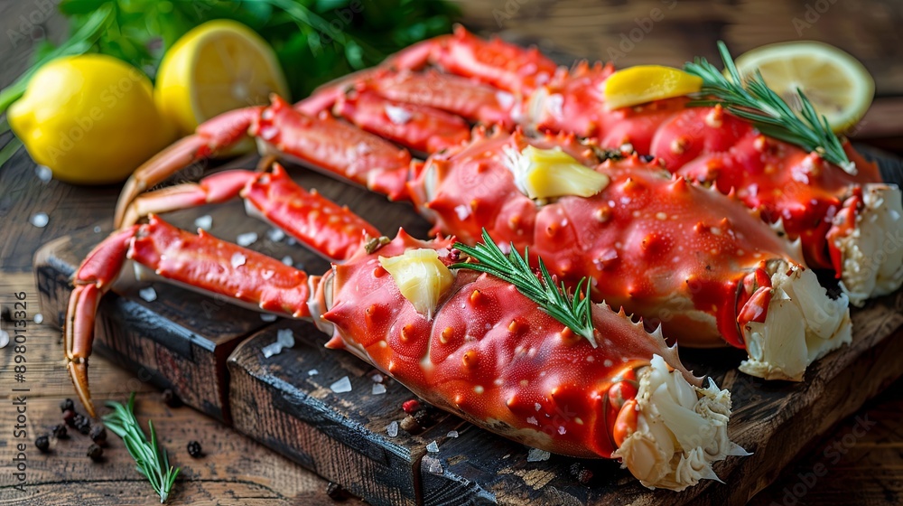 Cooked organic Alaskan king crab legs served with butter and lemon, presented on a rustic wooden surface
Cooked organic Alaskan king crab legs served with butter and lemon, presented on a rustic wooden surface