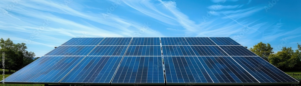 A solar panel installation under a clear blue sky, symbolizing renewable energy and sustainable technology. A solar panel installation under a clear blue sky, symbolizing renewable energy and sustainable technology.