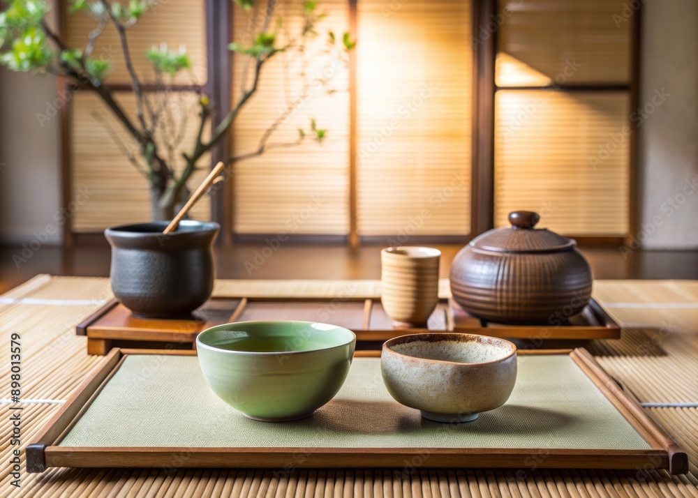 Serene Japanese tea ceremony setting features authentic ceramic ware, minimalist decor, and subtle Asian accents, evoking a sense of tranquility and cultural heritage. Serene Japanese tea ceremony setting features authentic ceramic ware, minimalist decor, and subtle Asian accents, evoking a sense of tranquility and cultural heritage.