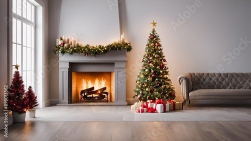 Christmas and New Year, a beautiful setting of the New Year's table in red, against the background of a decorated Christmas tree and a window with a winter landscape. © Teki7