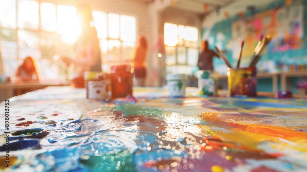 Paint covered table with art supplies in a sunlit studio with background people. Artistic workspace concept. Paint covered table with art supplies in a sunlit studio with background people. Artistic workspace concept.