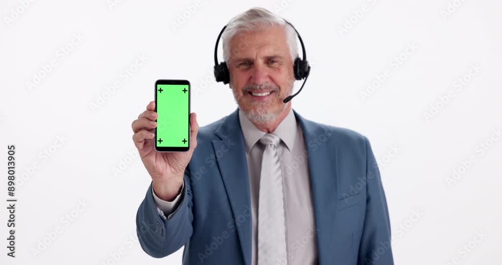 Studio, man face and green screen in phone for call center, sign up and advice for customer service. Telemarketing, mature agent and mic for business crm, FAQ question or about us by white background Studio, man face and green screen in phone for call center, sign up and advice for customer service. Telemarketing, mature agent and mic for business crm, FAQ question or about us by white background