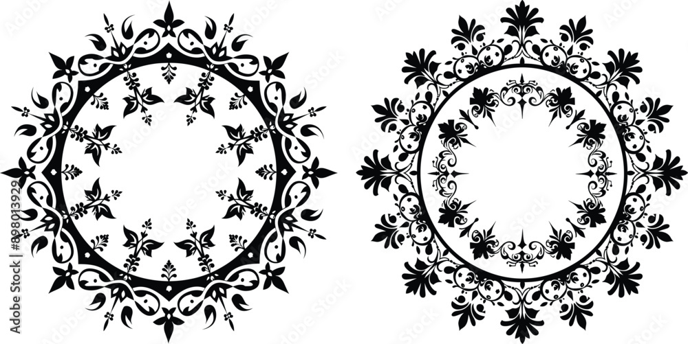 A collection of intricate black and white ornamental designs featuring circular floral patterns. These detailed vector illustrations include various decorative elements A collection of intricate black and white ornamental designs featuring circular floral patterns. These detailed vector illustrations include various decorative elements