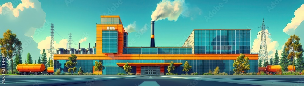 Vibrant industrial landscape featuring a modern factory with clear skies and lush greenery, showcasing innovation and technology. Vibrant industrial landscape featuring a modern factory with clear skies and lush greenery, showcasing innovation and technology.