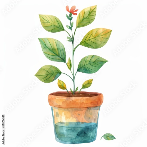 Wallpaper Mural Watercolor illustration of a potted plant with green leaves and a delicate pink flower, perfect for spring designs. Torontodigital.ca