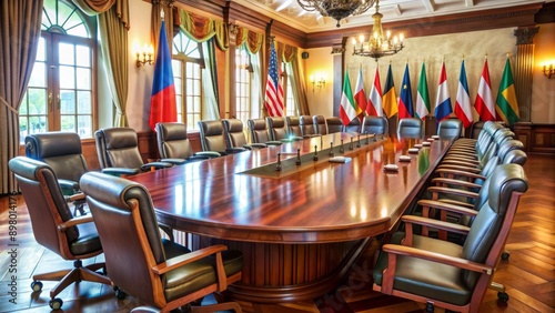 A stately conference room with empty leather chairs, flags of various nations, and a large wooden table, staging a scene for diplomatic cooperation discussions.