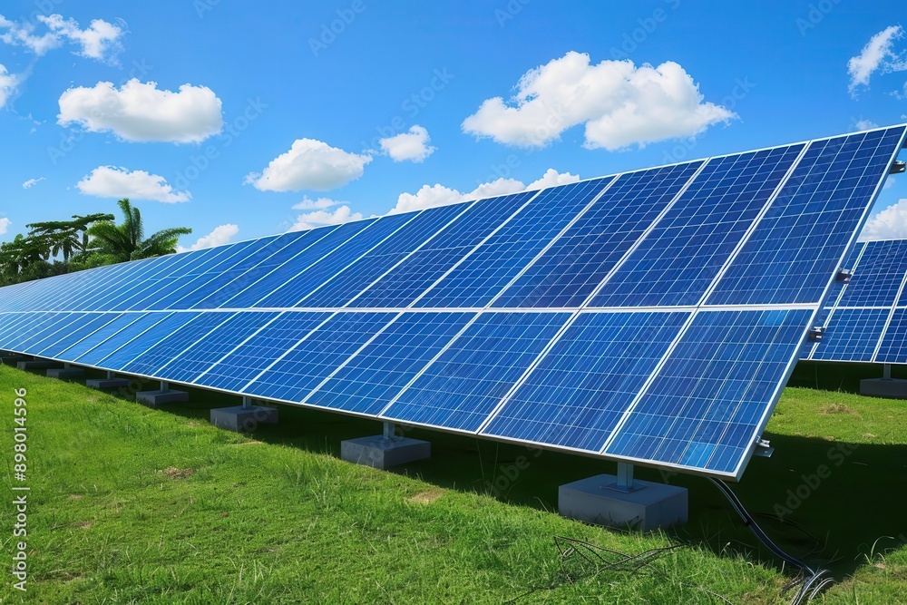 A vibrant solar panel array under a clear blue sky, showcasing renewable energy technology in a green field. A vibrant solar panel array under a clear blue sky, showcasing renewable energy technology in a green field.