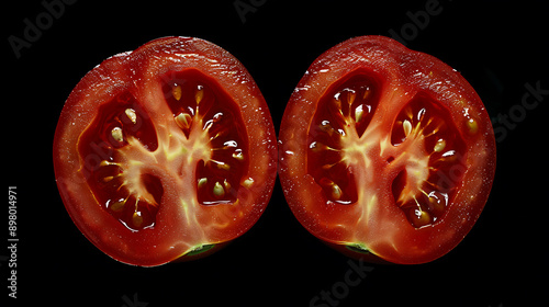 Vibrant FreshnessA High-Resolution Artistic Display of a Perfectly Sliced Tomato Against a Deep Black Background photo