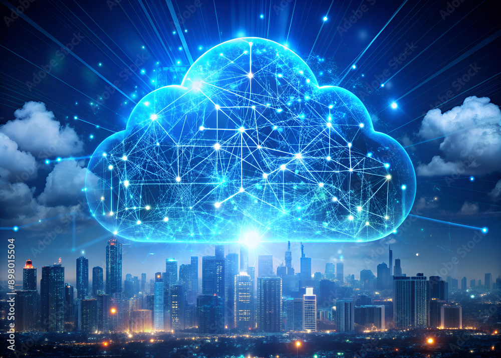 Dynamic blue cloud computing concept with glowing orbs over a bustling cityscape.Abstract depiction of cloud computing as a dynamic, interconnected network above a modern city. Dynamic blue cloud computing concept with glowing orbs over a bustling cityscape.Abstract depiction of cloud computing as a dynamic, interconnected network above a modern city.