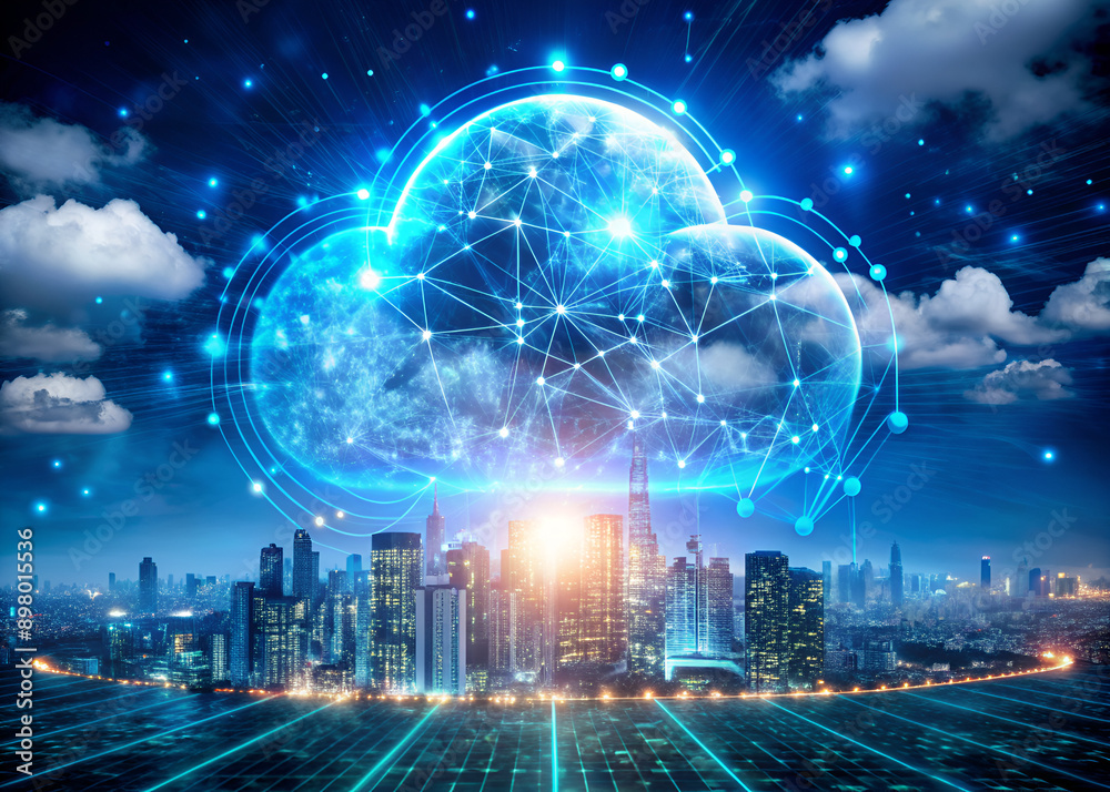 Fototapeta premium Dynamic blue cloud computing concept with glowing orbs over a bustling cityscape.Abstract depiction of cloud computing as a dynamic, interconnected network above a modern city.