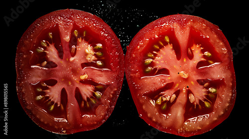 Vibrant Tomato SplendorA High-Resolution Artistic Display of Juicy Red Halves on a Deep Black Background photo