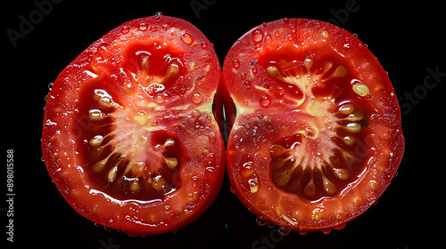 Vibrant FreshnessA High-Resolution Artistic Display of a Perfectly Sliced Tomato Against a Deep Black Background photo