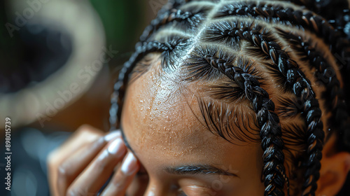 Close Up Of A Woman's Forehead With Braided Hair photo