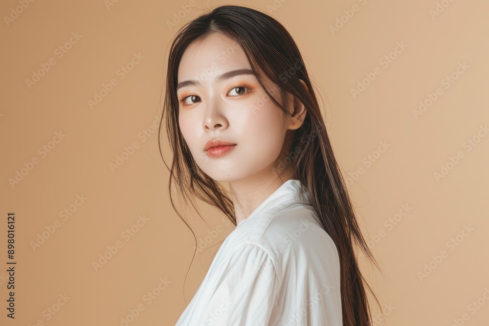 Young Asian beauty woman long hair with korean makeup style on face and perfect skin on isolated beige background. Facial treatment, Cosmetology, plastic surgery - generative ai Young Asian beauty woman long hair with korean makeup style on face and perfect skin on isolated beige background. Facial treatment, Cosmetology, plastic surgery - generative ai