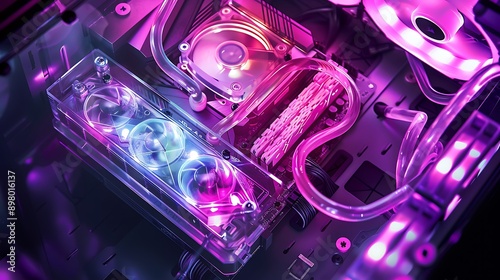 Dual fan radiator and RGB lit water block in a high performance liquid cooling system inside a transparent PC case designed for overclocking and custom gaming builds photo