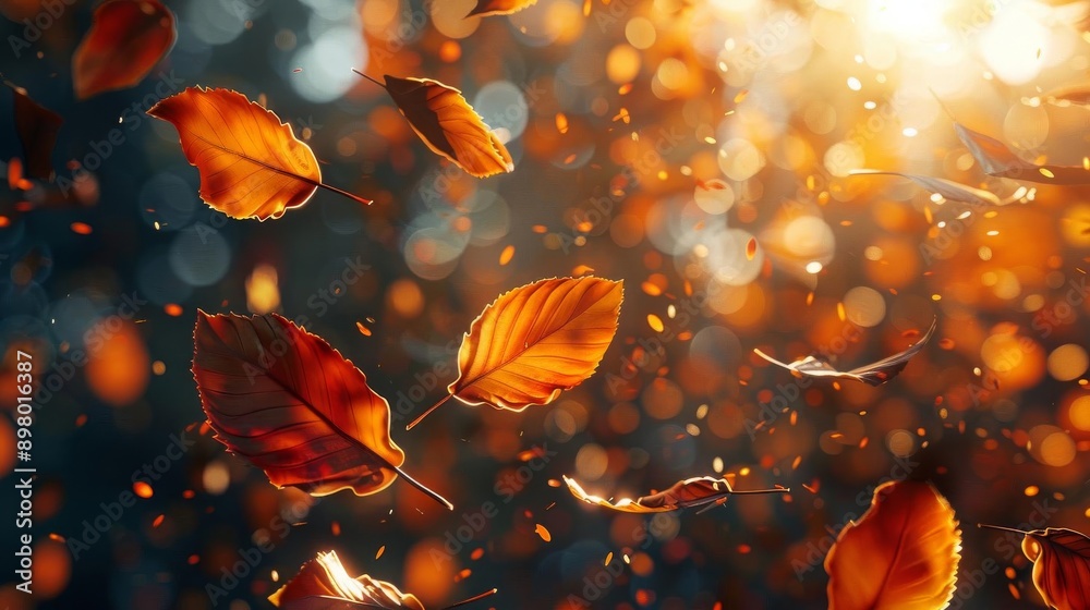 Golden and red leaves drifting gently in the air, capturing the essence of autumn, serene nature concept Golden and red leaves drifting gently in the air, capturing the essence of autumn, serene nature concept