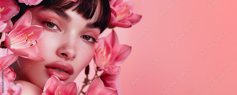 Close-up portrait of a woman with pink flowers, set against a matching pink background, embodying beauty and femininity. Close-up portrait of a woman with pink flowers, set against a matching pink background, embodying beauty and femininity.