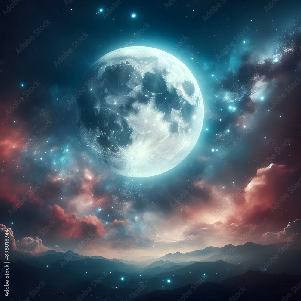 Full moon with a starry night sky, minimal clouds, dark blue background. Full moon with a starry night sky, minimal clouds, dark blue background.