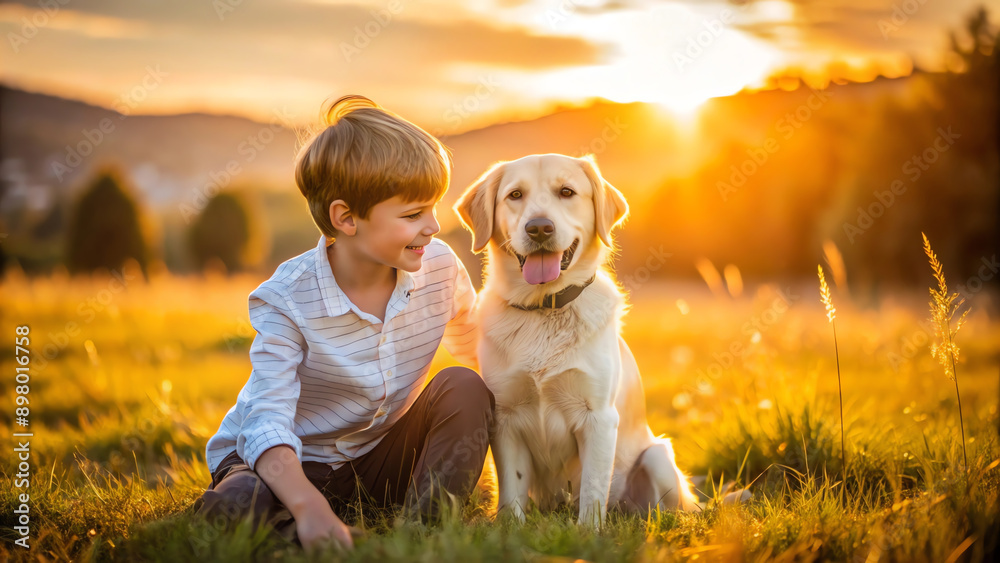 A playful golden retriever puppy having fun in a green field with a child on a sunny A playful golden retriever puppy having fun in a green field with a child on a sunny