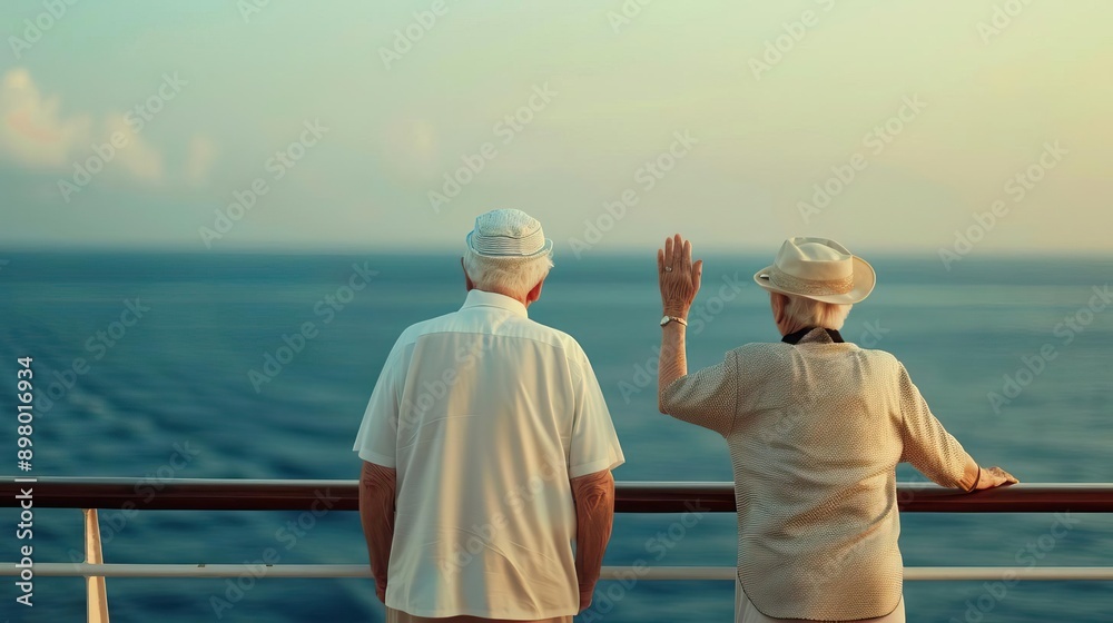 Fototapeta premium Grandparents waving from a ship's deck, embarking on a voyage, travel and leisure concept, editorial shot, empty space for text on side