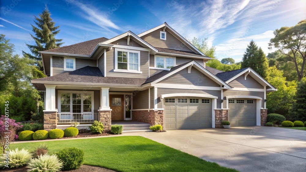 Beautiful modern suburban residence with a two-car garage and inviting shaded porch, perfectly showcased on a bright sunny day with lush green surroundings. Beautiful modern suburban residence with a two-car garage and inviting shaded porch, perfectly showcased on a bright sunny day with lush green surroundings.