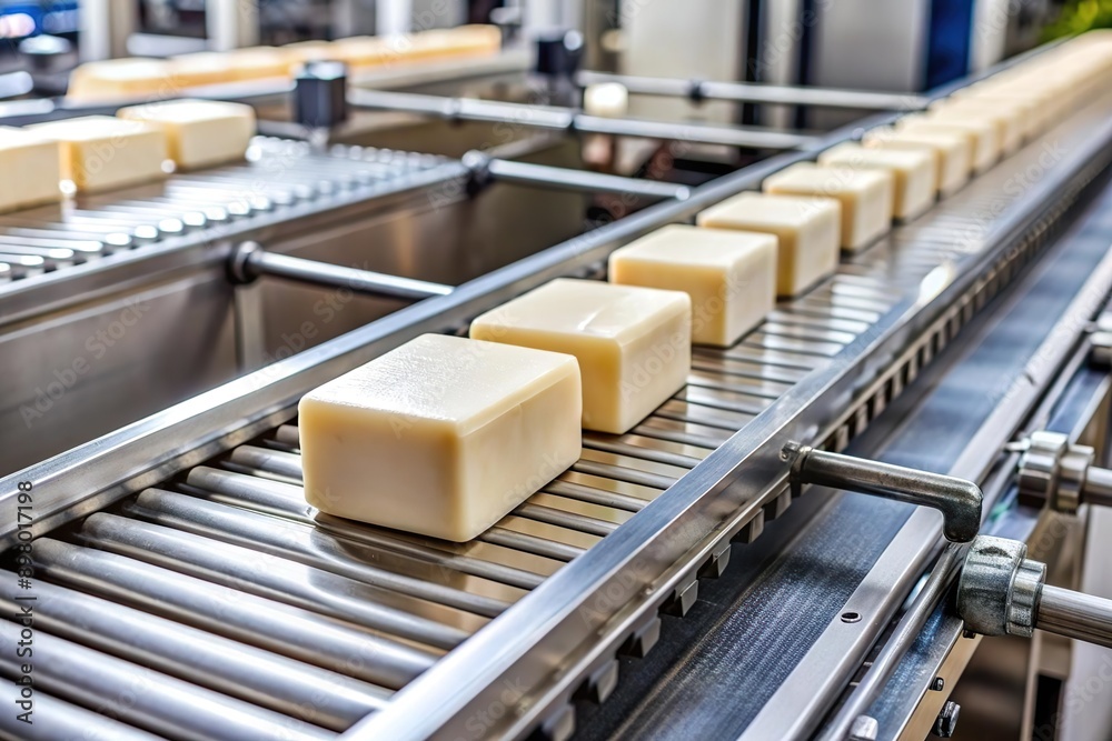 soap bar on production line conveyor belt in factory soap bar on production line conveyor belt in factory