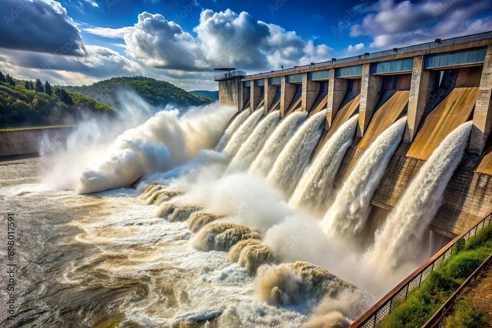 hydroelectric dam in operation release water with big splash