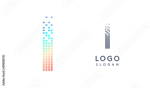Pixelated Letter I transitioning into scattered pixels with gradient colors creating modern, digital effect like equalizer. Abstract logo for tech software and digital media. Vector illustration.