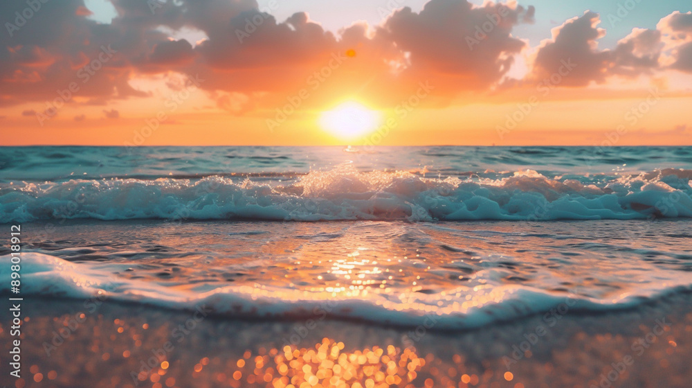 A sunset over a tranquil beach with waves, copy space. A sunset over a tranquil beach with waves, copy space.